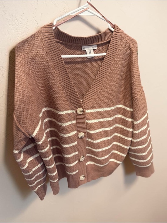 Sincerly Jules Sweaters - Sincerly Jules Rose Taupe Striped Button-Front Cardigan Size M